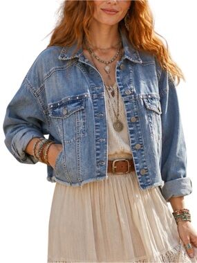 Liverpool Blue Distressed Denim Silver Stud Embellished Jean Jacket Medium